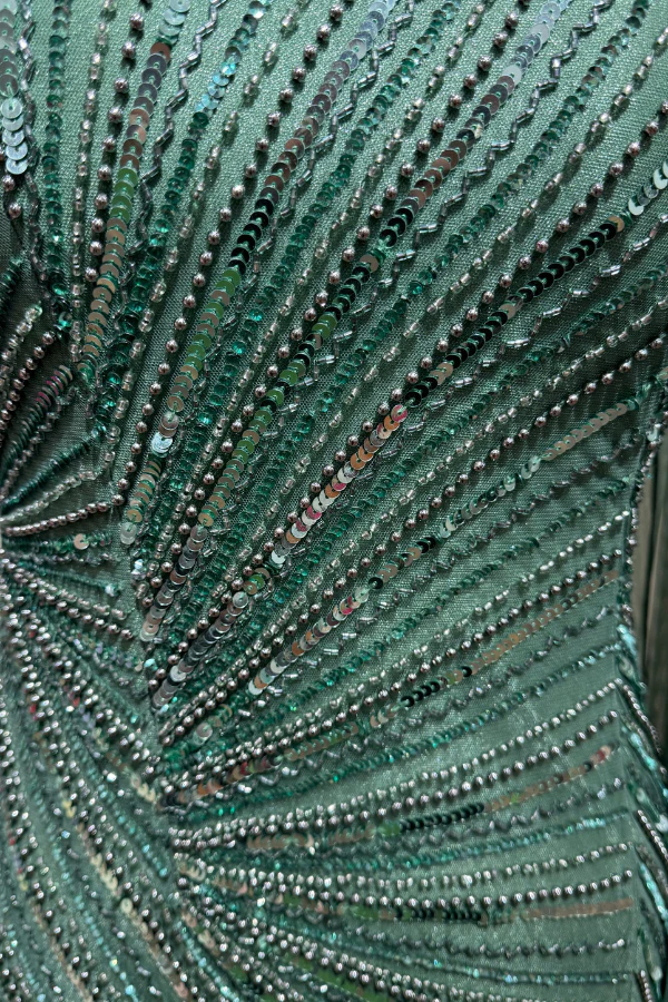 Green Embellished One Shoulder Gown with train - Image 5