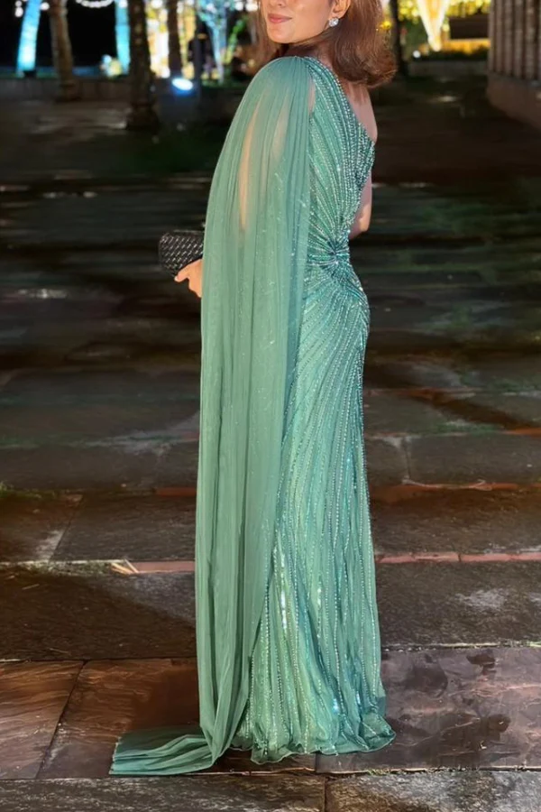 Green Embellished One Shoulder Gown with train - Image 7