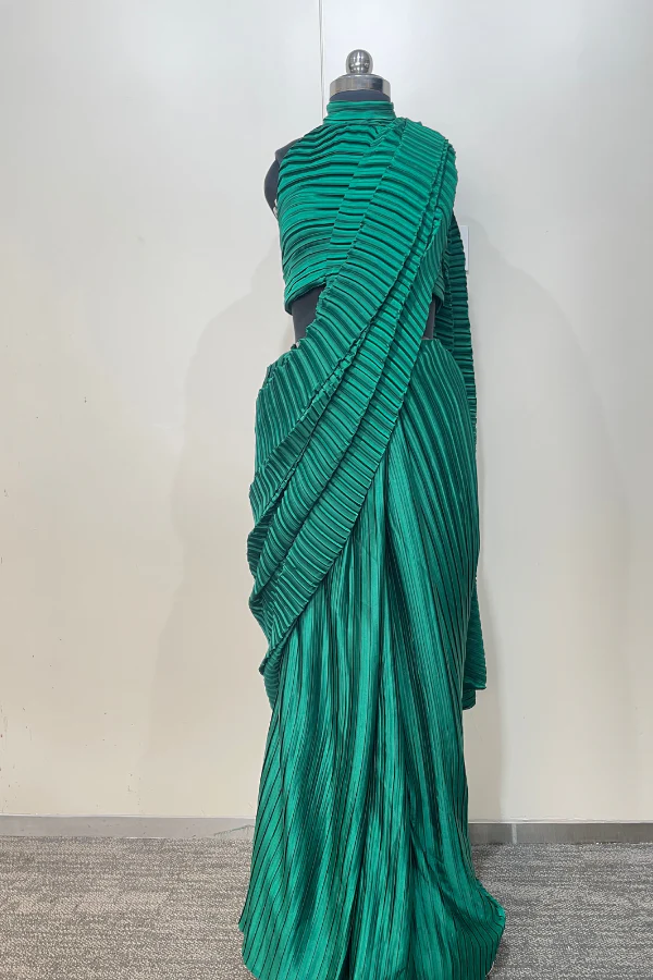 Green satin pleated saree set - Image 3