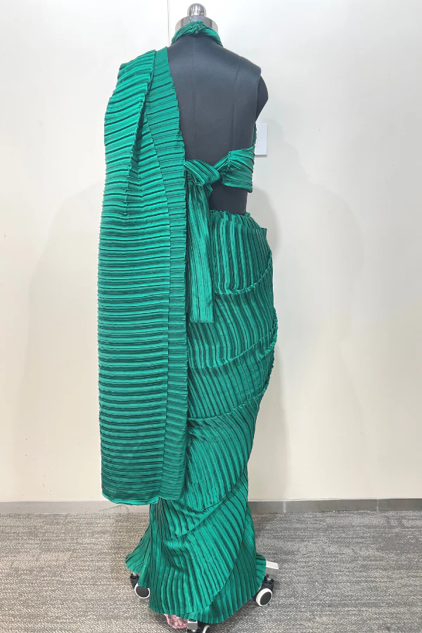 Green satin pleated saree set - Image 4