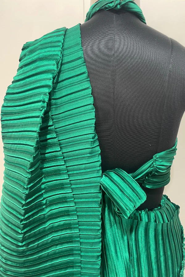 Green satin pleated saree set - Image 5