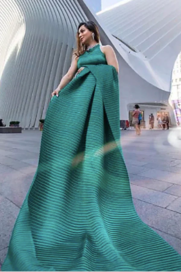 Green satin pleated saree set - Image 6