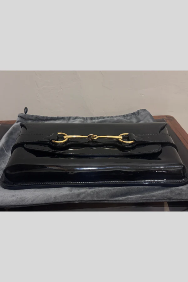 Gucci Black Patent Leather Horsebit Clutch - Image 3