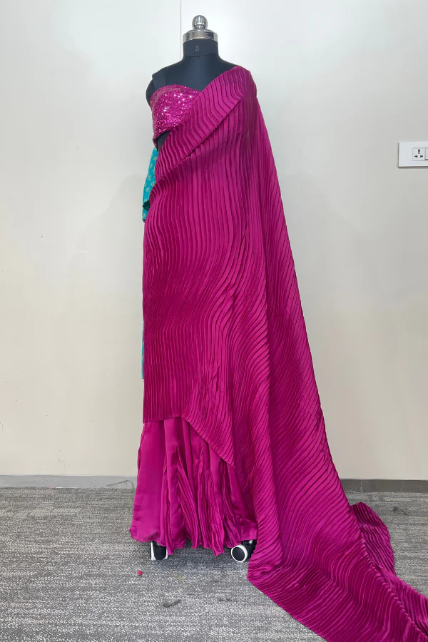 Hot pink pleated lehenga saree - Image 3