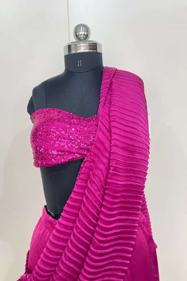 Hot pink pleated lehenga saree - Image 4