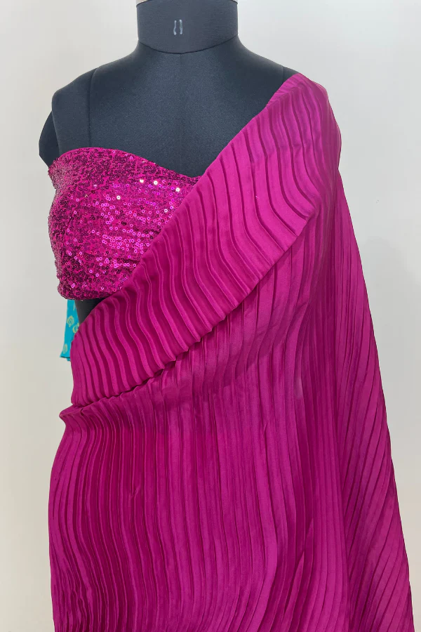 Hot pink pleated lehenga saree - Image 5