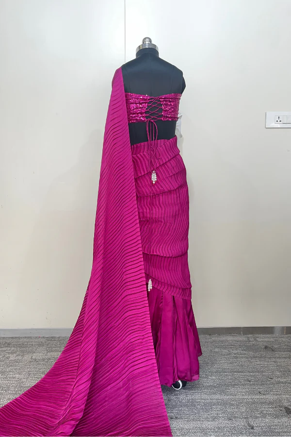 Hot pink pleated lehenga saree - Image 6