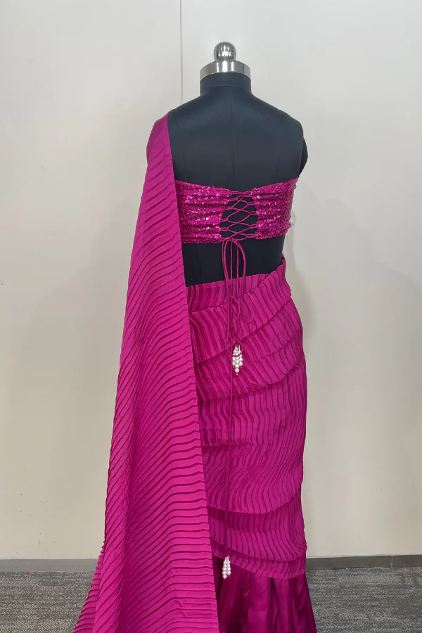 Hot pink pleated lehenga saree - Image 7
