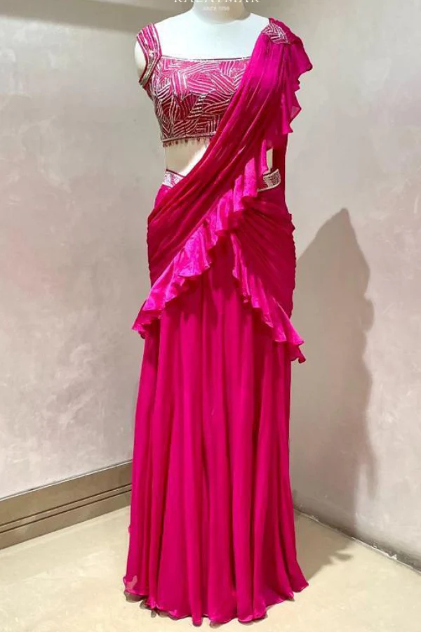 Hot Pink Pre stitched Saree - Image 2