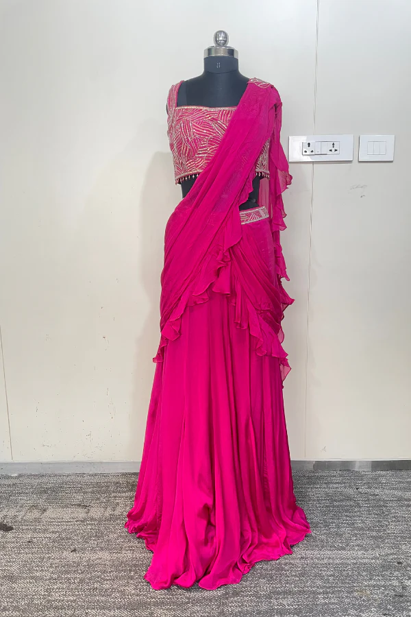 Hot Pink Pre stitched Saree - Image 3