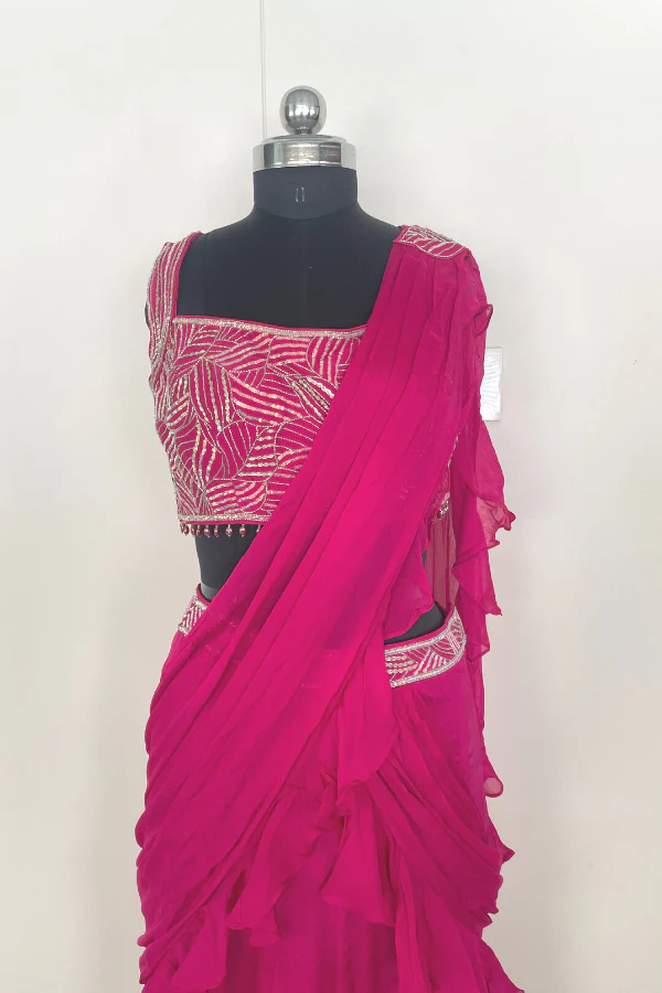 Hot Pink Pre stitched Saree - Image 4