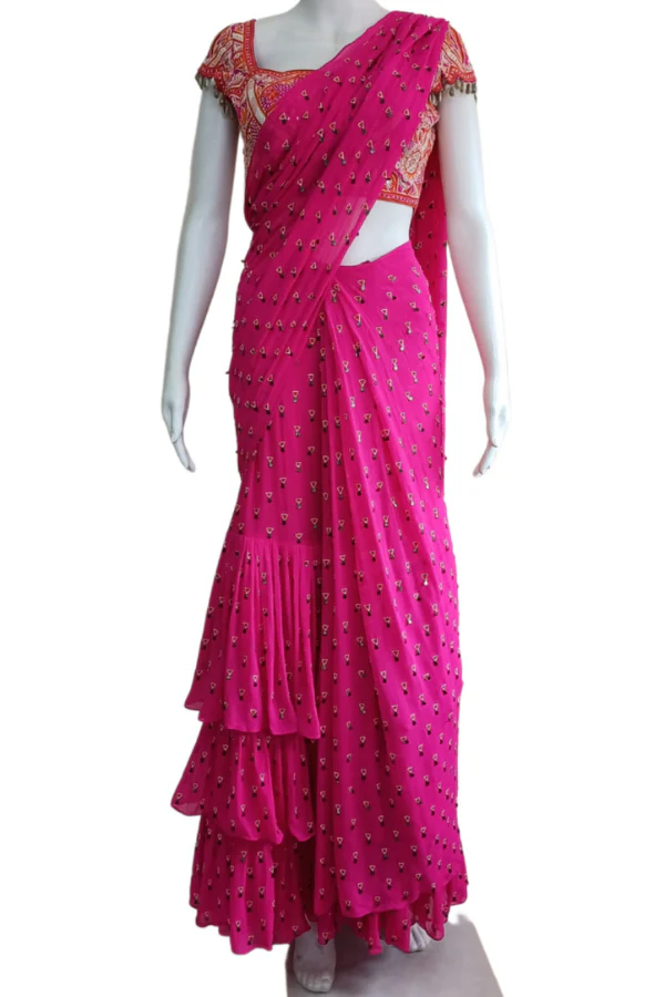 Hot pink pre stitched saree - Image 2