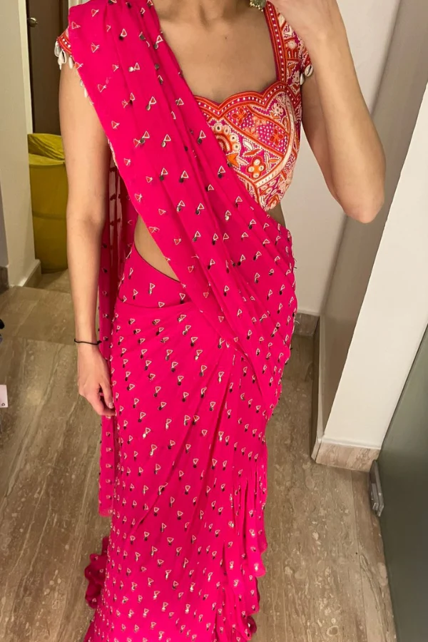 Hot pink pre stitched saree - Image 3