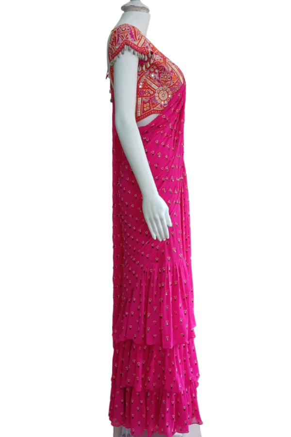 Hot pink pre stitched saree - Image 4