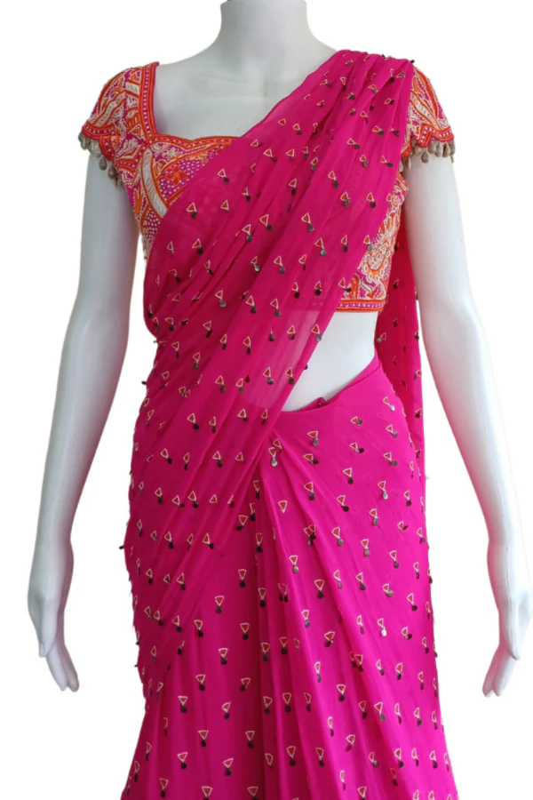 Hot pink pre stitched saree - Image 6