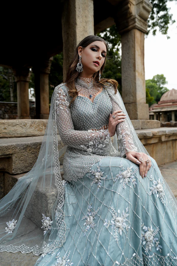 ICE BLUE EMBELLISHED BRIDAL LEHANGA SET