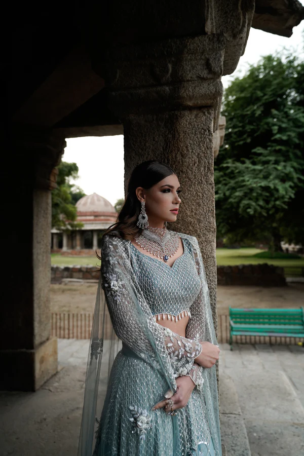 ICE BLUE EMBELLISHED BRIDAL LEHANGA SET - Image 2