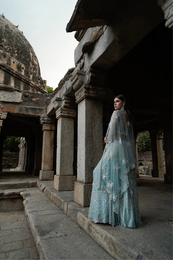 ICE BLUE EMBELLISHED BRIDAL LEHANGA SET - Image 3