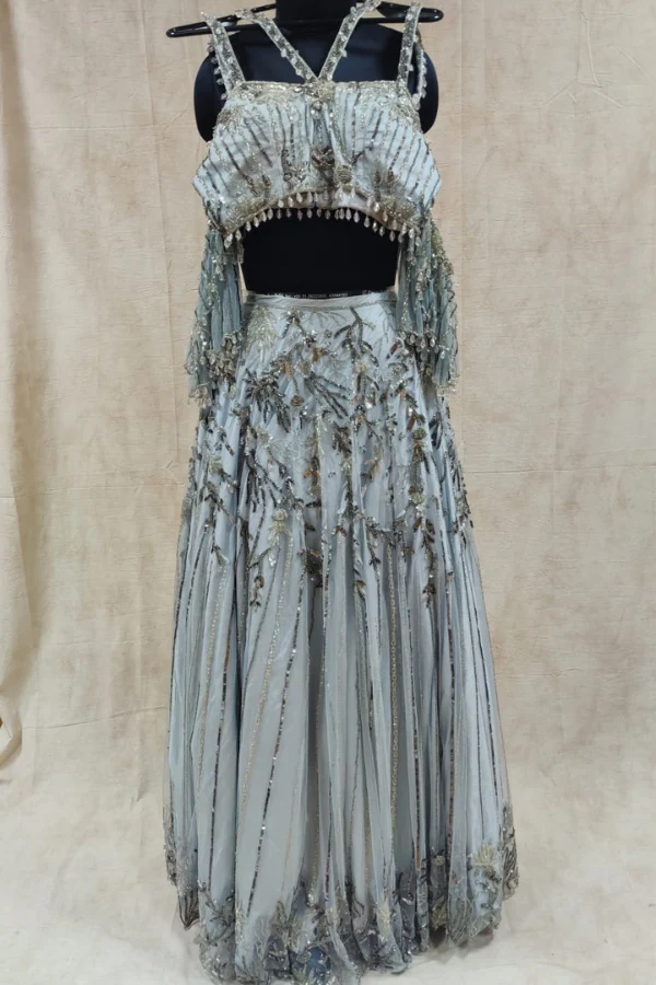 ICE BLUE EMBELLISHED OFF SHOULDER LEHANGA SET