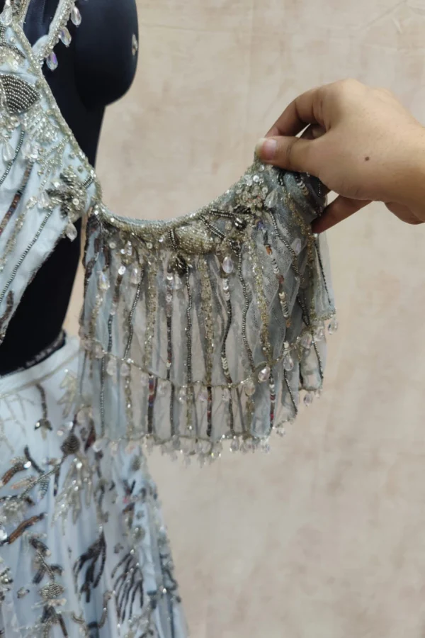 ICE BLUE EMBELLISHED OFF SHOULDER LEHANGA SET - Image 3