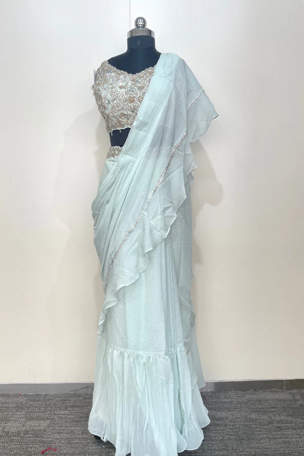 Ice Blue Pre stitched saree set - Image 3