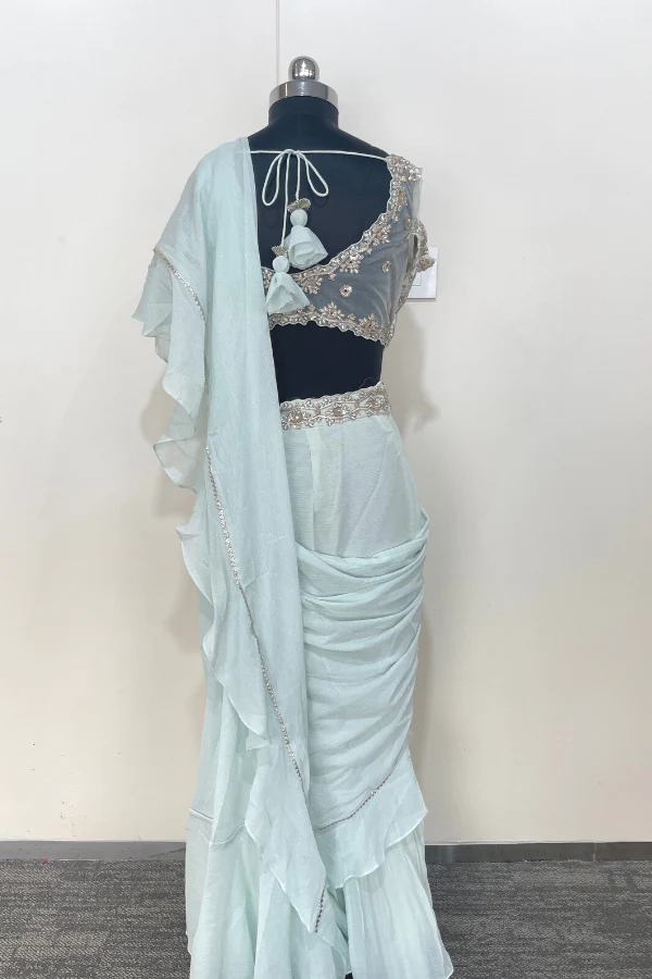 Ice Blue Pre stitched saree set - Image 5
