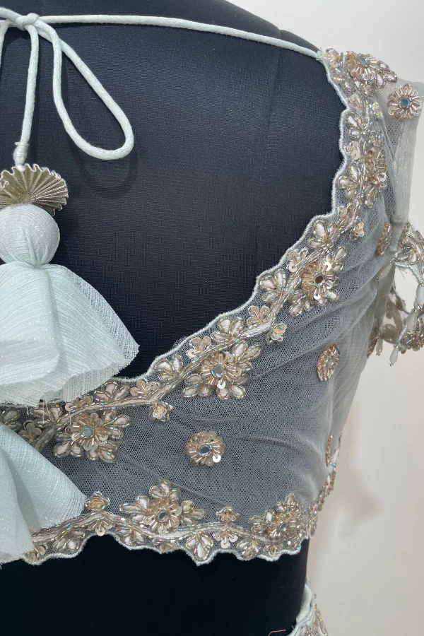 Ice Blue Pre stitched saree set - Image 6