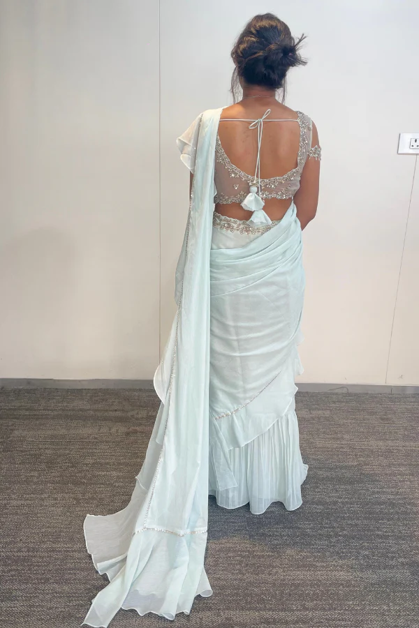 Ice Blue Pre stitched saree set - Image 7
