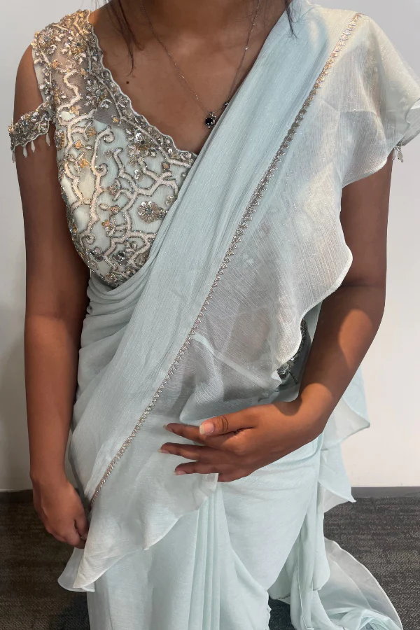 Ice Blue Pre stitched saree set - Image 8