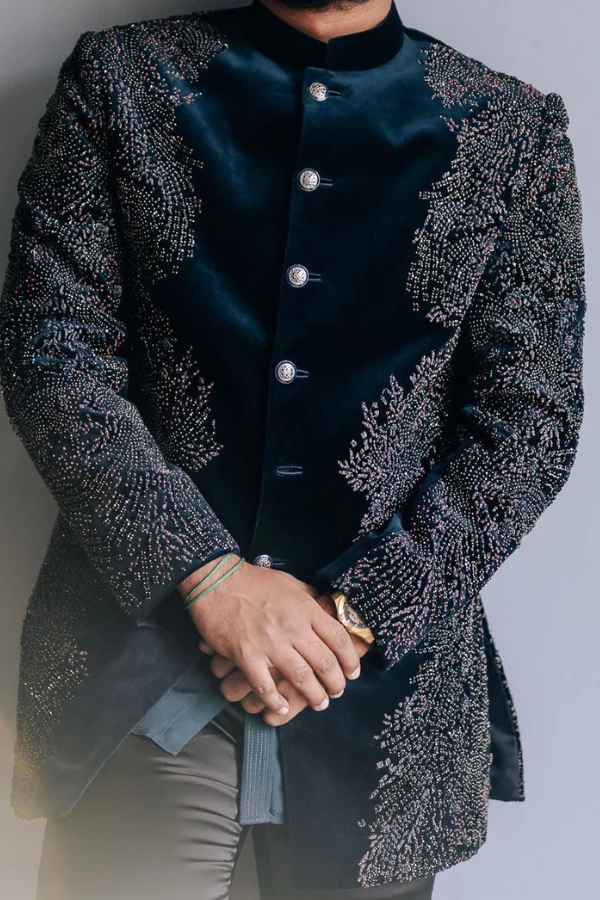 Imperial Teal Velvet Embroidered Sherwani - Image 2