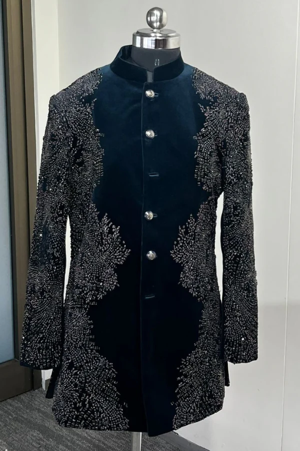 Imperial Teal Velvet Embroidered Sherwani - Image 3