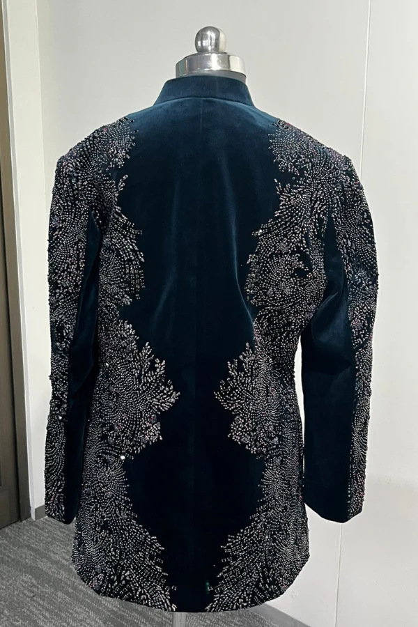 Imperial Teal Velvet Embroidered Sherwani - Image 4