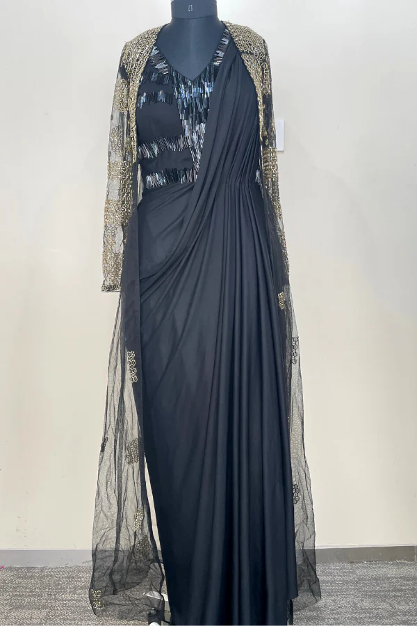 Indo western saree gown and long jacket - Image 2