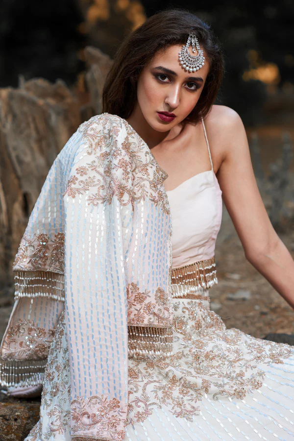 IVORY PINK OMBRE EMBROIDERED LEHANGA SET - Image 4