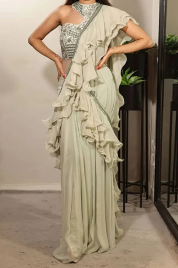 Jade By Ashima Green One Shoulder Pre-draped Ruffle Saree