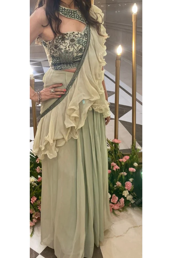 Jade By Ashima Green One Shoulder Pre-draped Ruffle Saree - Image 2