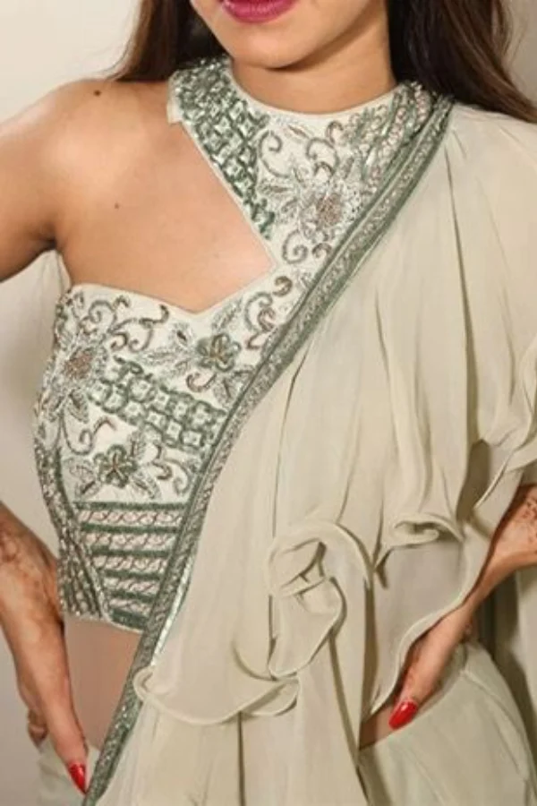Jade By Ashima Green One Shoulder Pre-draped Ruffle Saree - Image 3