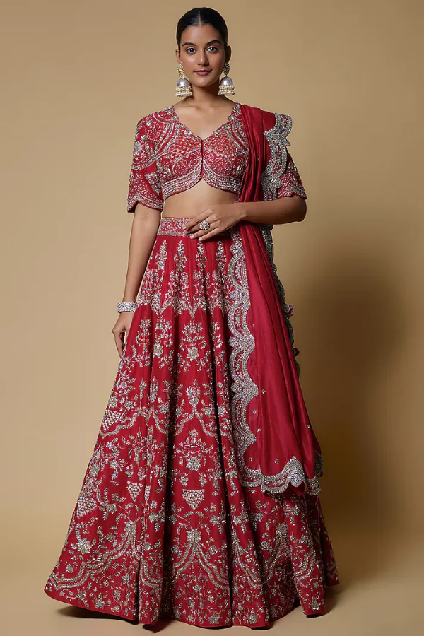 Jayanti Reddy Red Silk Zari Embroidered Lehenga Set