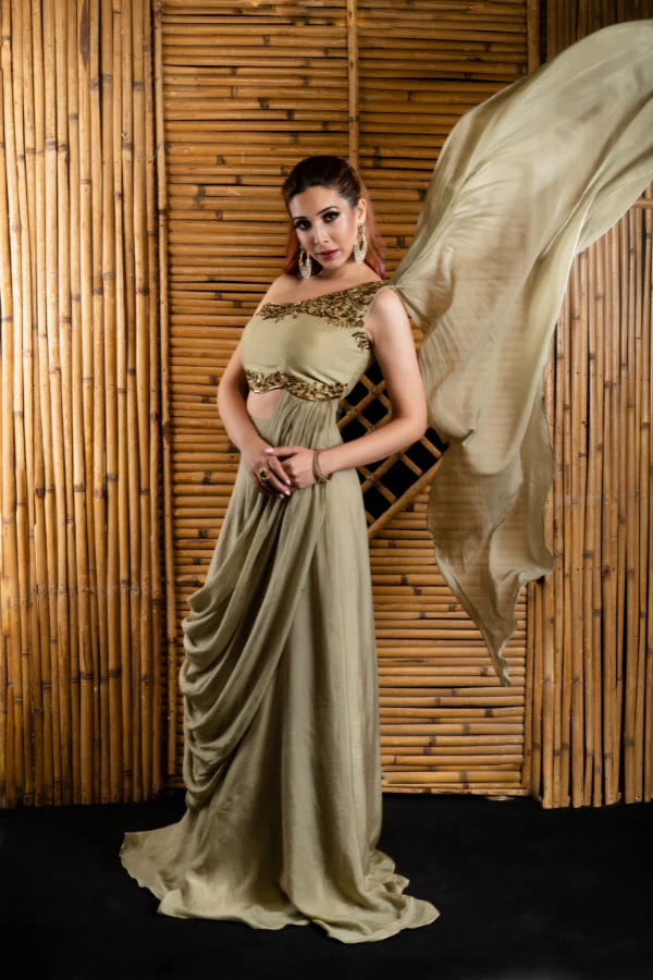 KHAKI SAREE DRAPED GOWN