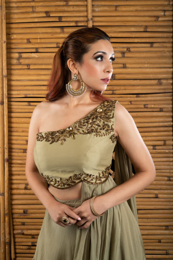 KHAKI SAREE DRAPED GOWN - Image 3