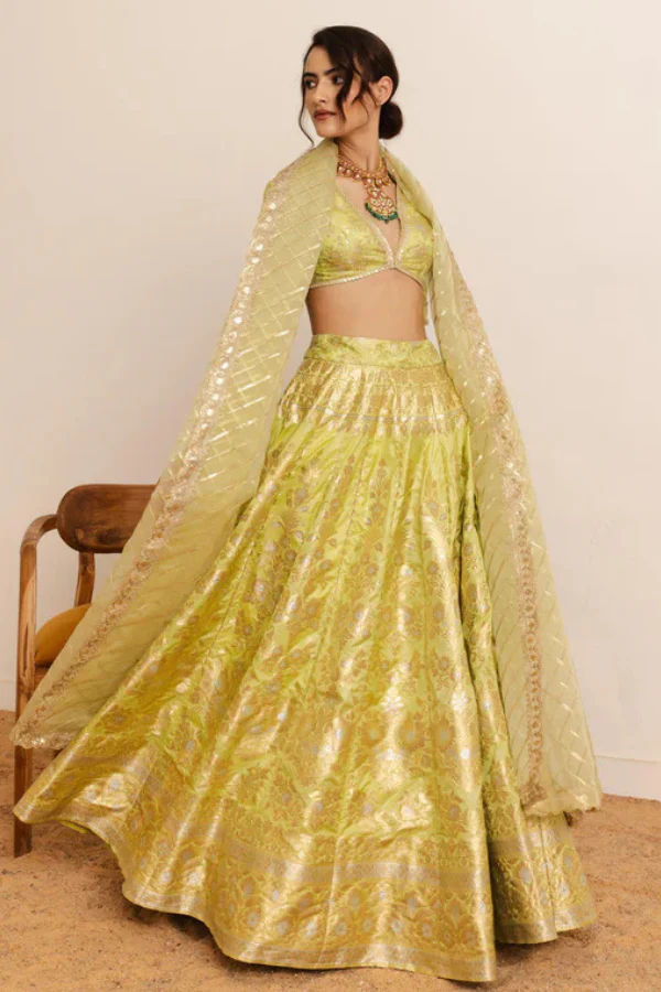 Lime yellow banarasi lehenga set