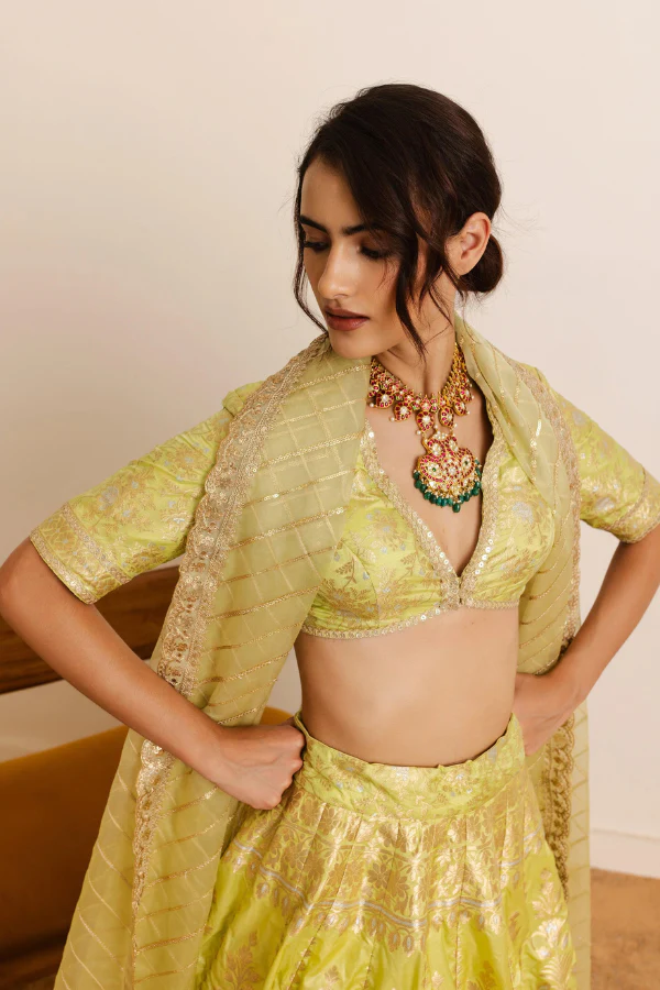 Lime yellow banarasi lehenga set - Image 2