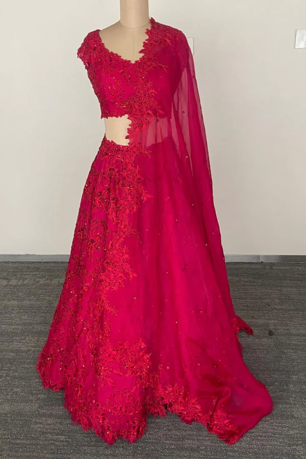 Magenta Flower cutwork lehenga set - Image 3