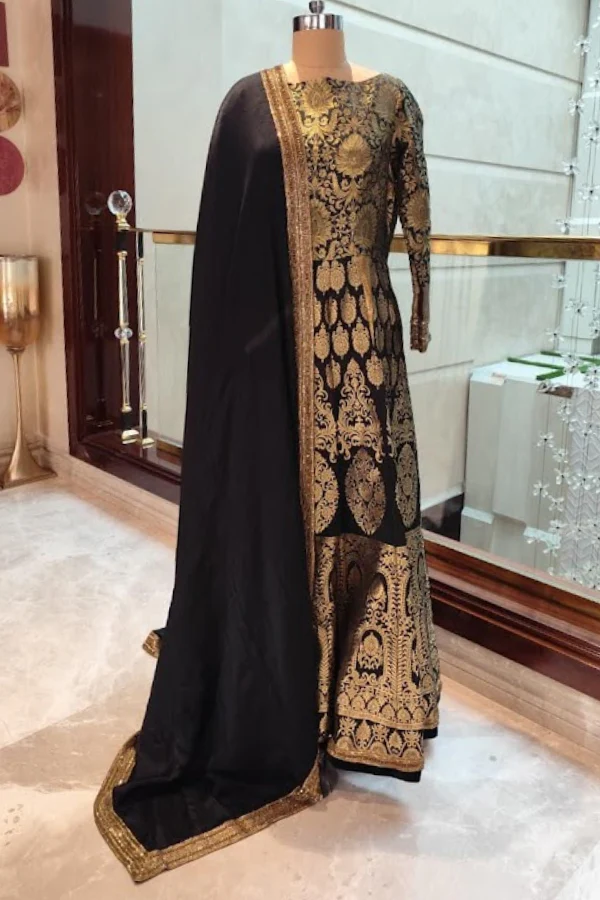 Manish Malhotra Black & Gold Heritage Anarkali Set - Image 2