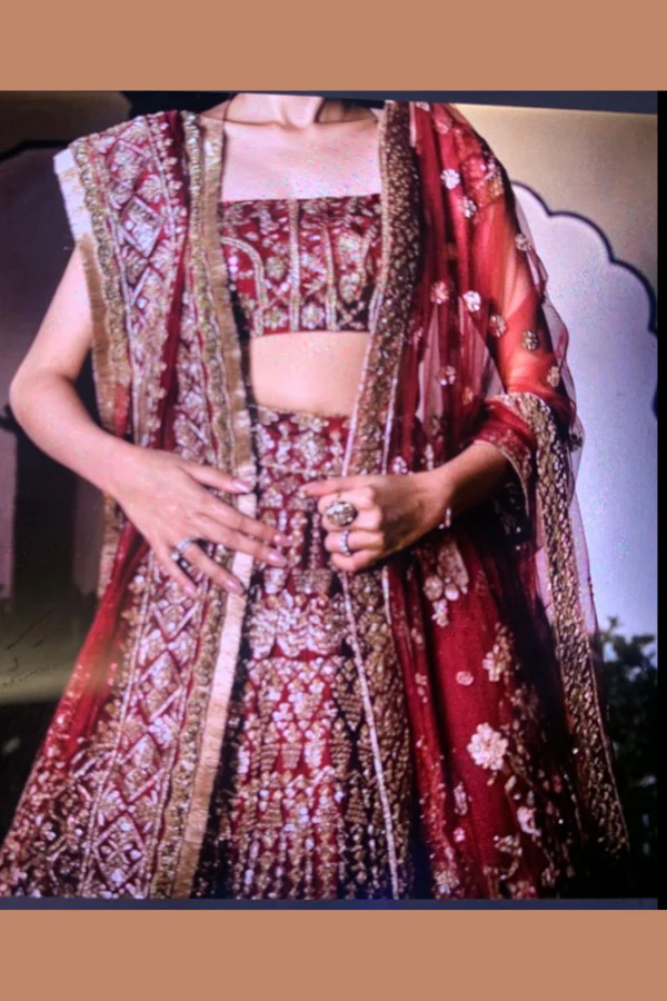 Manish Malhotra Deep Red Bridal Lehenga Set - Image 3