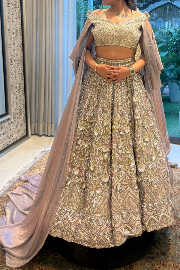 Manish Malhotra Mauve Organza 3D Flower Sequin Lehenga Set