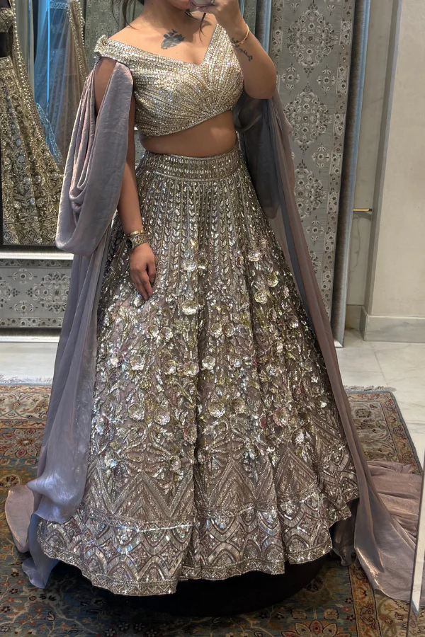 Manish Malhotra Mauve Organza 3D Flower Sequin Lehenga Set - Image 2