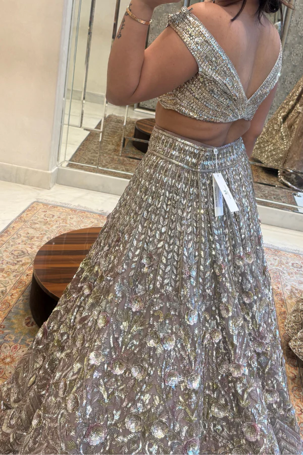 Manish Malhotra Mauve Organza 3D Flower Sequin Lehenga Set - Image 3