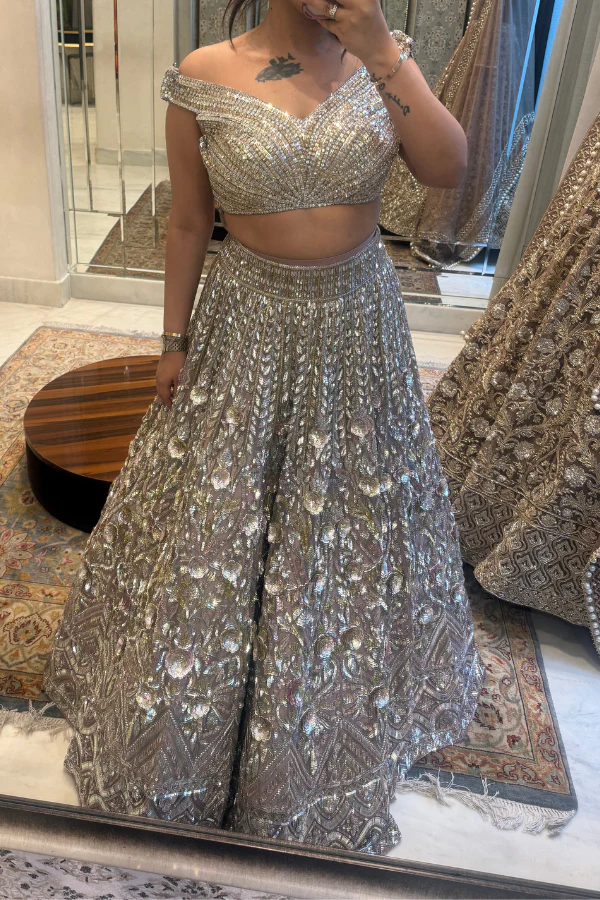 Manish Malhotra Mauve Organza 3D Flower Sequin Lehenga Set - Image 4