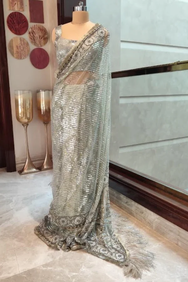 Manish Malhotra Moss Green Sequin Saree - Image 2